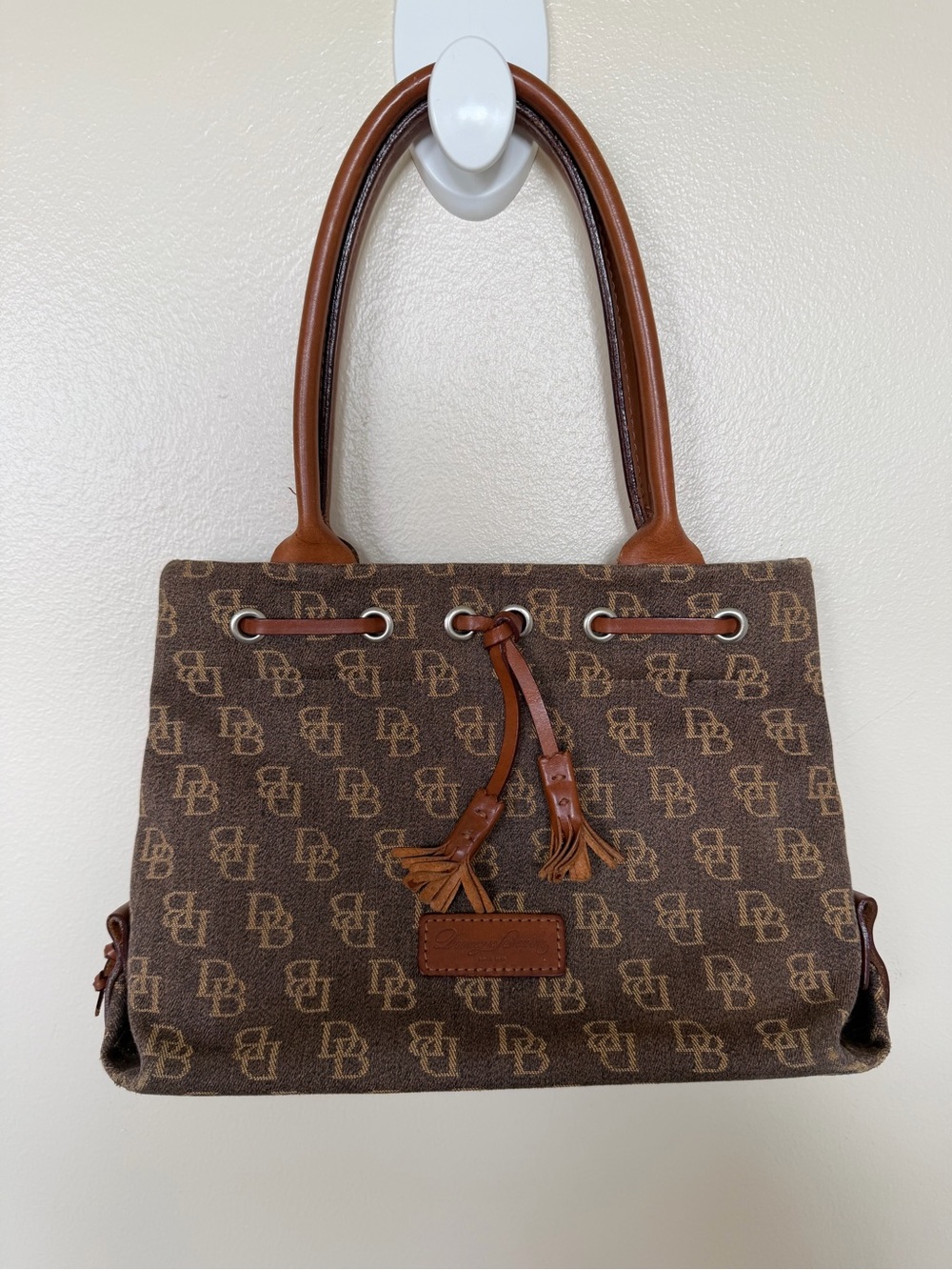 DOONEY & BOURKE Vintage Tan Brown Monogram Canvas Tassel Drawstring Handbag Y2K